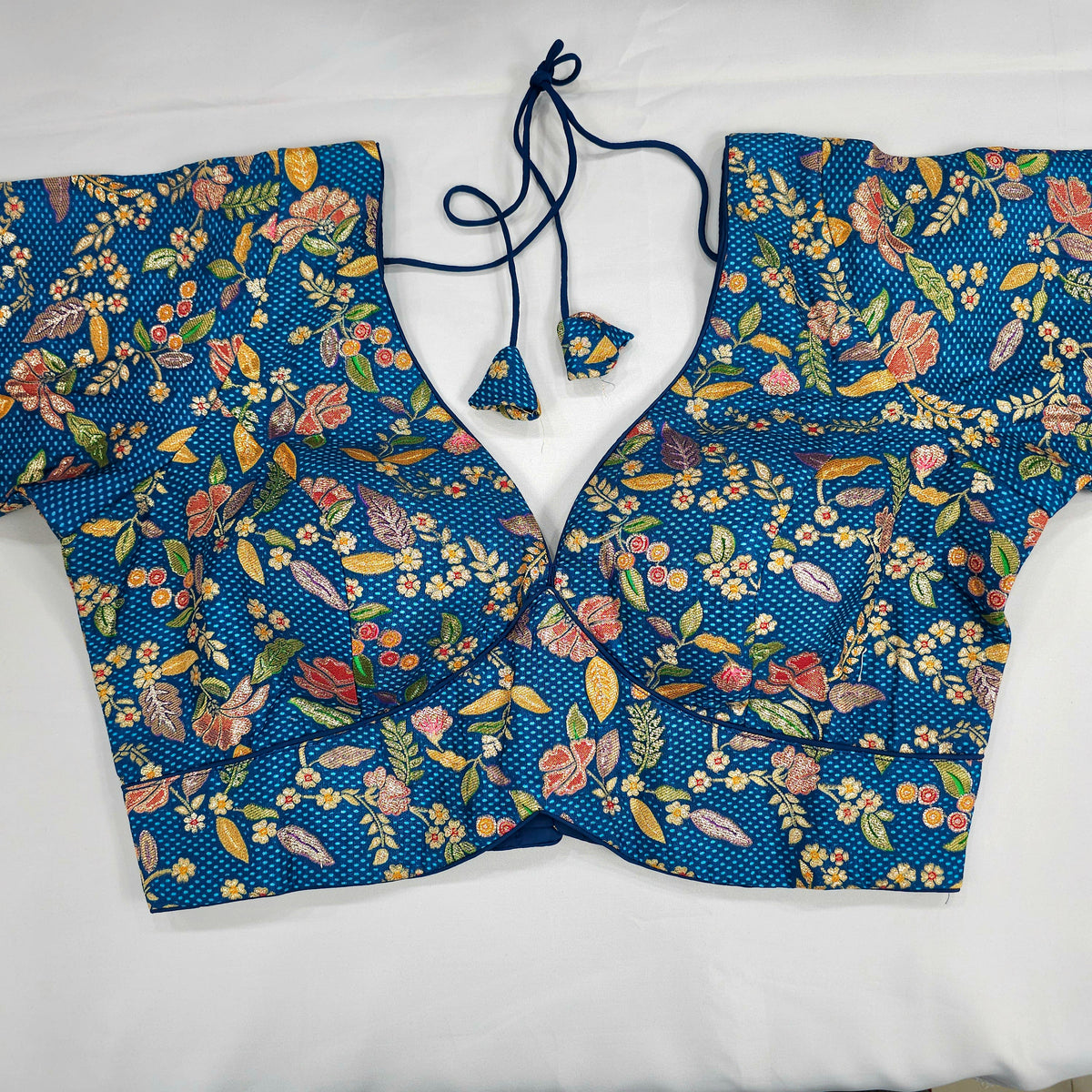 Embroidered Blue Silk Brocade Blouse with Curvy V Neckline