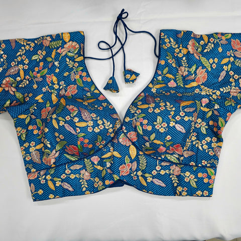 Embroidered Blue Silk Brocade Blouse with Curvy V Neckline