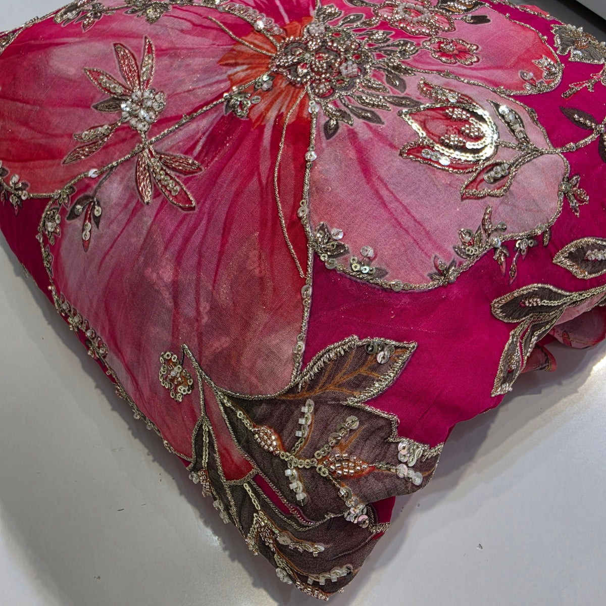 Fuschia Pink Organza Mahima Mahajan inspired with cutdana & sequin work with Floral Position Print