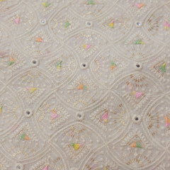 Pastel Color Embroidered Off-White Dyeable Georgette Fabric in Geometric & Scallope Pattern with Mirror Highlights