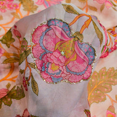 Multi-color Floral Digital Print on Peach Organza Fabric with Handwork