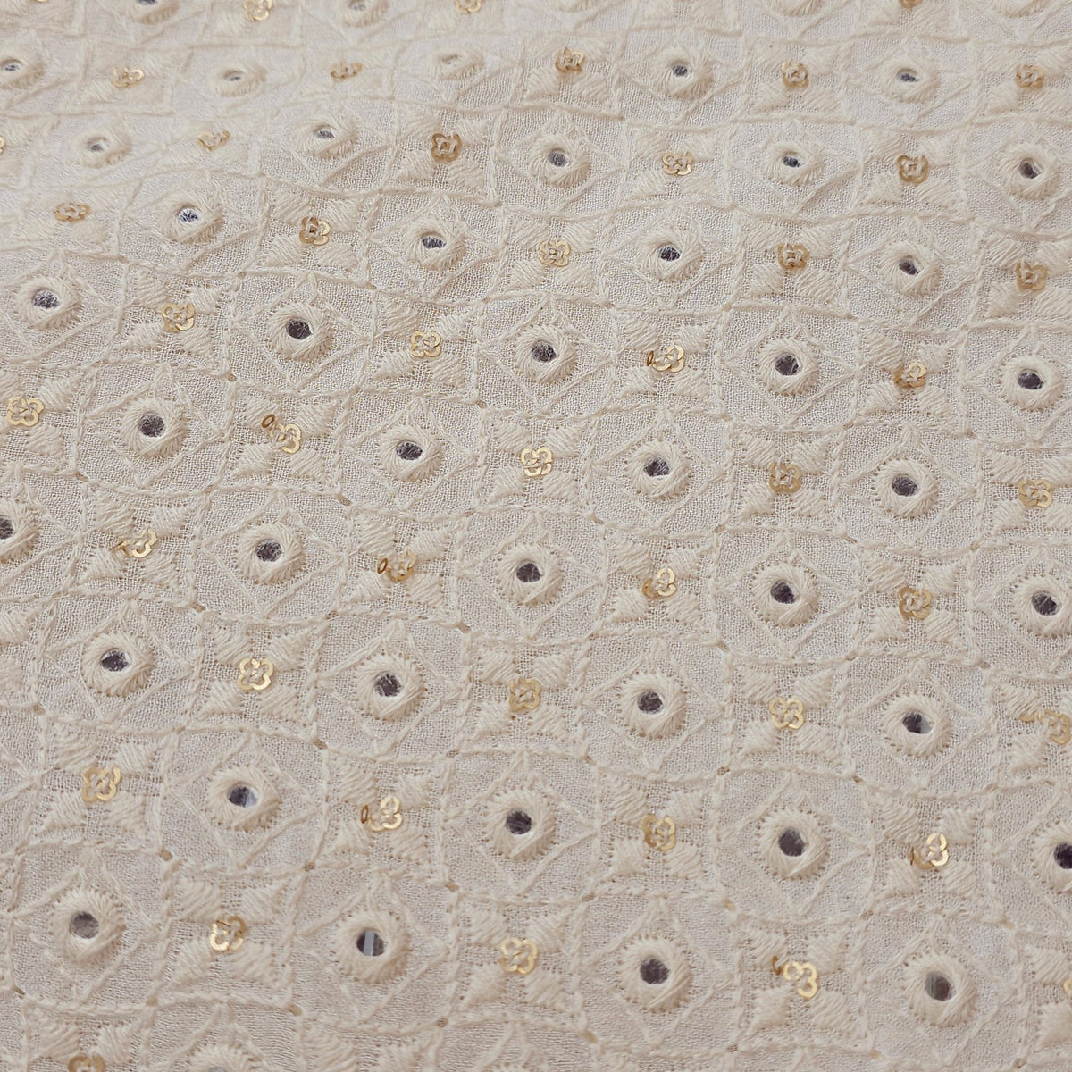 Embroidered Off-White Dyeable Georgette Fabric in Geometric & Floral Pattern with Mirror Highlights