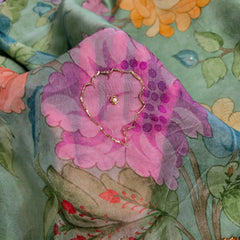 Multi-color Floral Digital Print on Mint Green Organza Fabric with Handwork