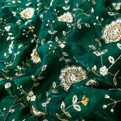 Mirha Hand Embroidered Dark Green Organza Shimmer Tissue with Floral Sequin Embroidery