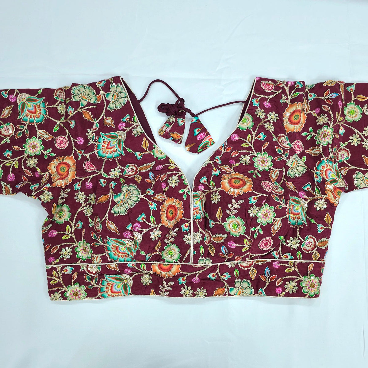 Embroidered Wine Blouse with Half Sleeves and V Neckline