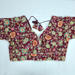 Embroidered Wine Blouse with Half Sleeves and V Neckline