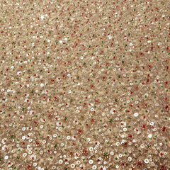 Embroidered Golden Net Fabric with Red, Green Golden all over Cutdana & Sequin work