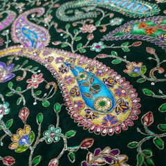 Dark Green Crepe Base Fabric with Multicolor Embroidery & Zari, Sequin work