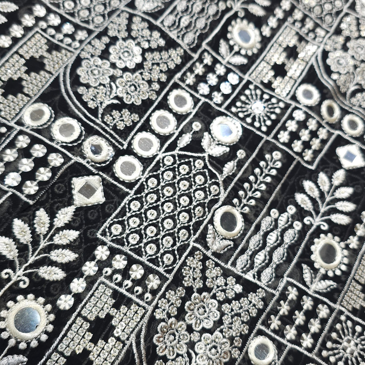 Black Georgette Fabric with Intricate White Resam Embroidery and Mirrorwork