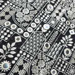 Black Georgette Fabric with Intricate White Resam Embroidery and Mirrorwork