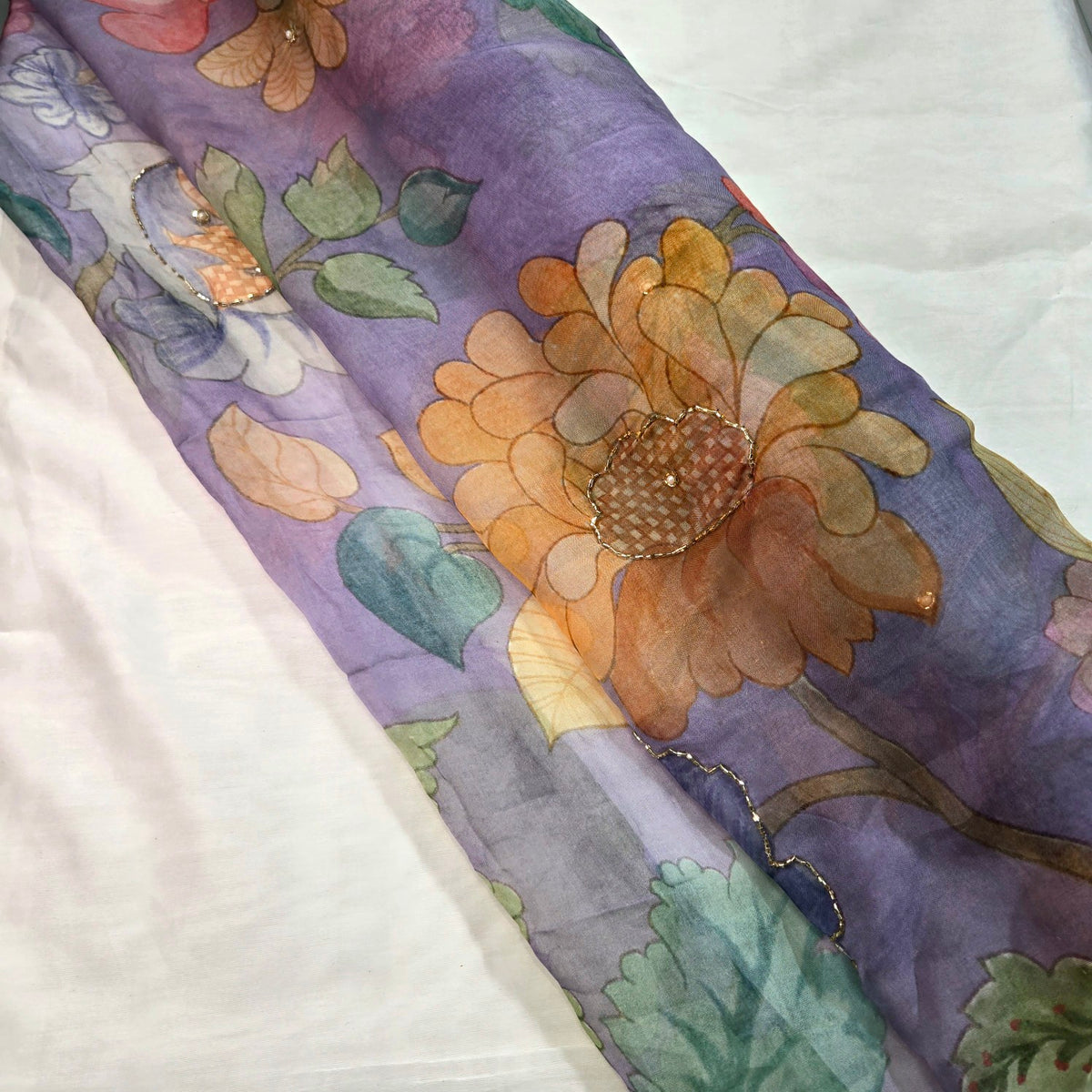 Multi-color Floral Digital Print on Purple Organza Fabric with Handwork