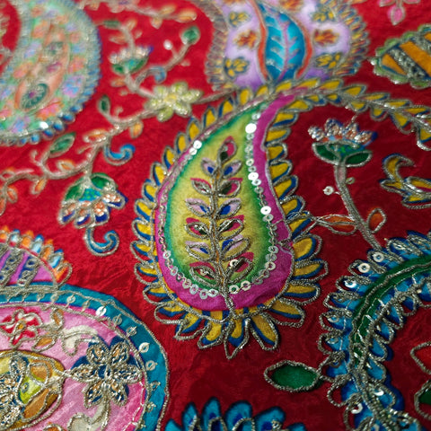 Bright Red Crepe Base Fabric with Multicolor Embroidery & Zari, Sequin work
