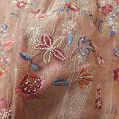 Embroidered Peach Color Crush Organza Fabric with Multi-color Intricate Floralwork