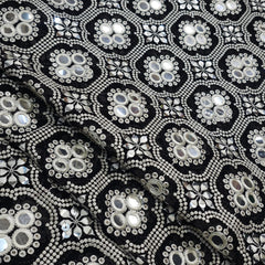 Black Georgette Fabric with Intricate White Resam Embroidery and Mirrorwork