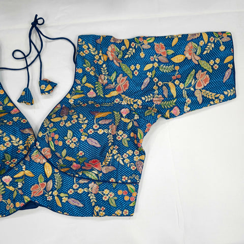 Embroidered Blue Silk Brocade Blouse with Curvy V Neckline