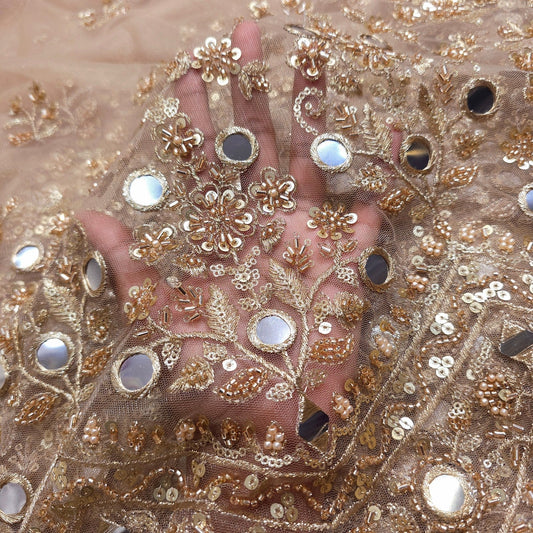 Embroidered Golden Net Fabric with Sequin,Zari, Cutdana & Mirror Work with Border 1496