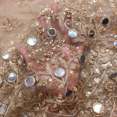 Embroidered Golden Net Fabric with Sequin,Zari, Cutdana & Mirror Work with Border