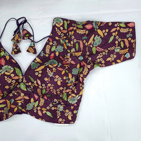 Embroidered Wine Silk Brocade Blouse with Curvy V Neckline