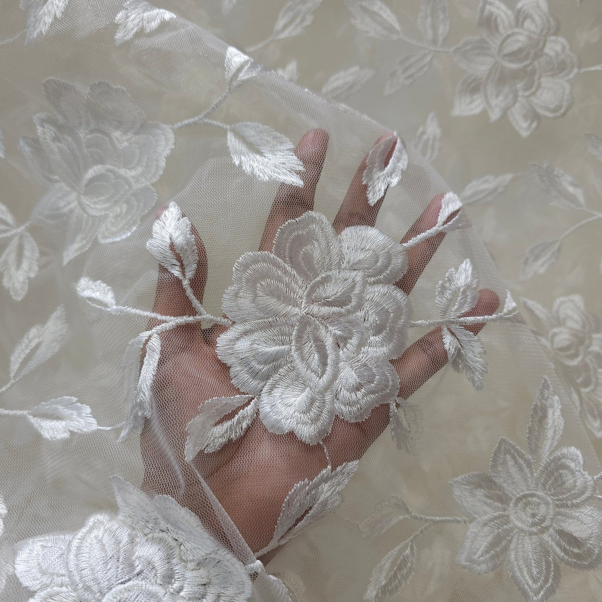 Embroidered White Net Fabric with all over Floral Pattern