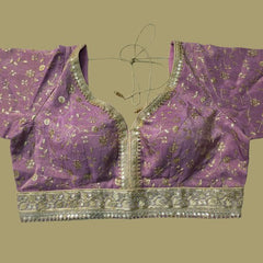 Embroidered Shimmer Lilac Blouse with Half Sleeves and Sweetheart Neckline