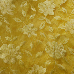 Embroidered Lemon Yellow Net Fabric with all over Floral Pattern