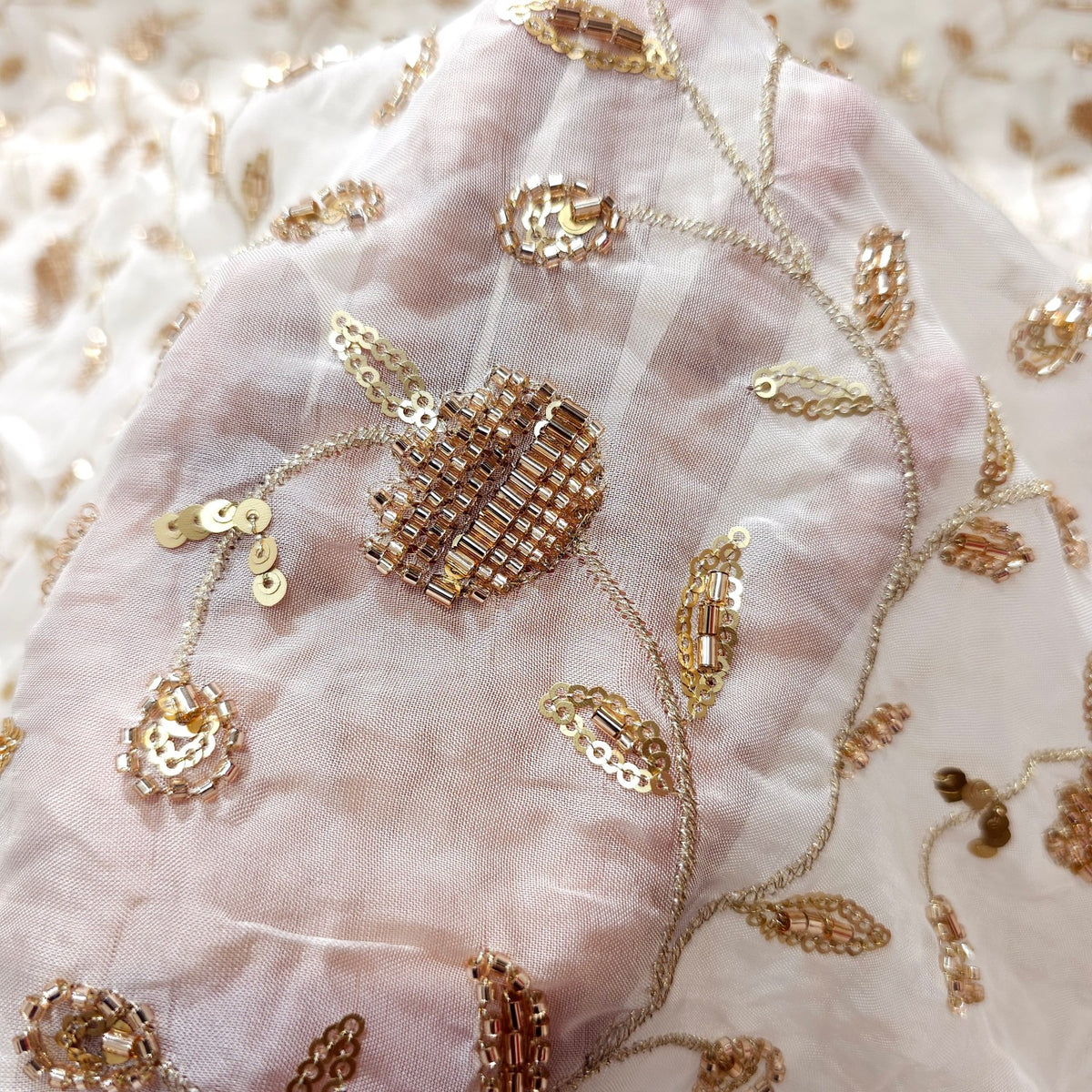 Dyeable Organza Fabric with Gold Sequin & Rose Gold Cutdana Butta work
