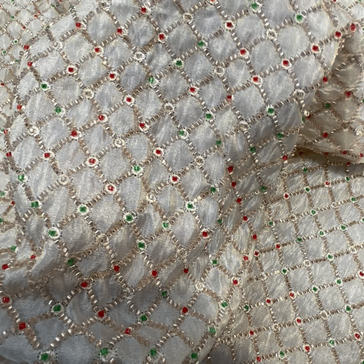 Embroidered Dyeable shimmer Tissue Fabric with Checkered Pattern Golden, Green & Red Cutdana Work
