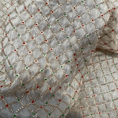 Embroidered Dyeable shimmer Tissue Fabric with Checkered Pattern Golden, Green & Red Cutdana Work