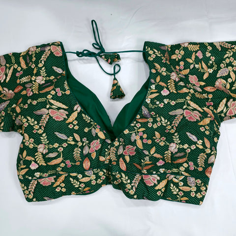 Embroidered Dark Green Silk Brocade Blouse with Curvy V Neckline