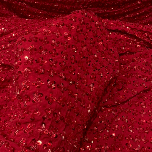 Red Embroidered on Red Georgette Fabric with Cutdana & Sequin Work