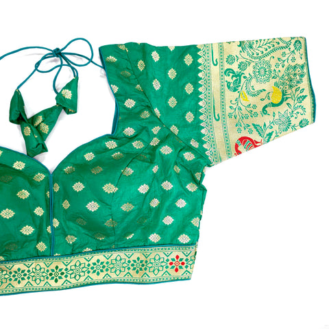 Embroidered Green Silk Brocade Blouse with Sweetheart Neckline