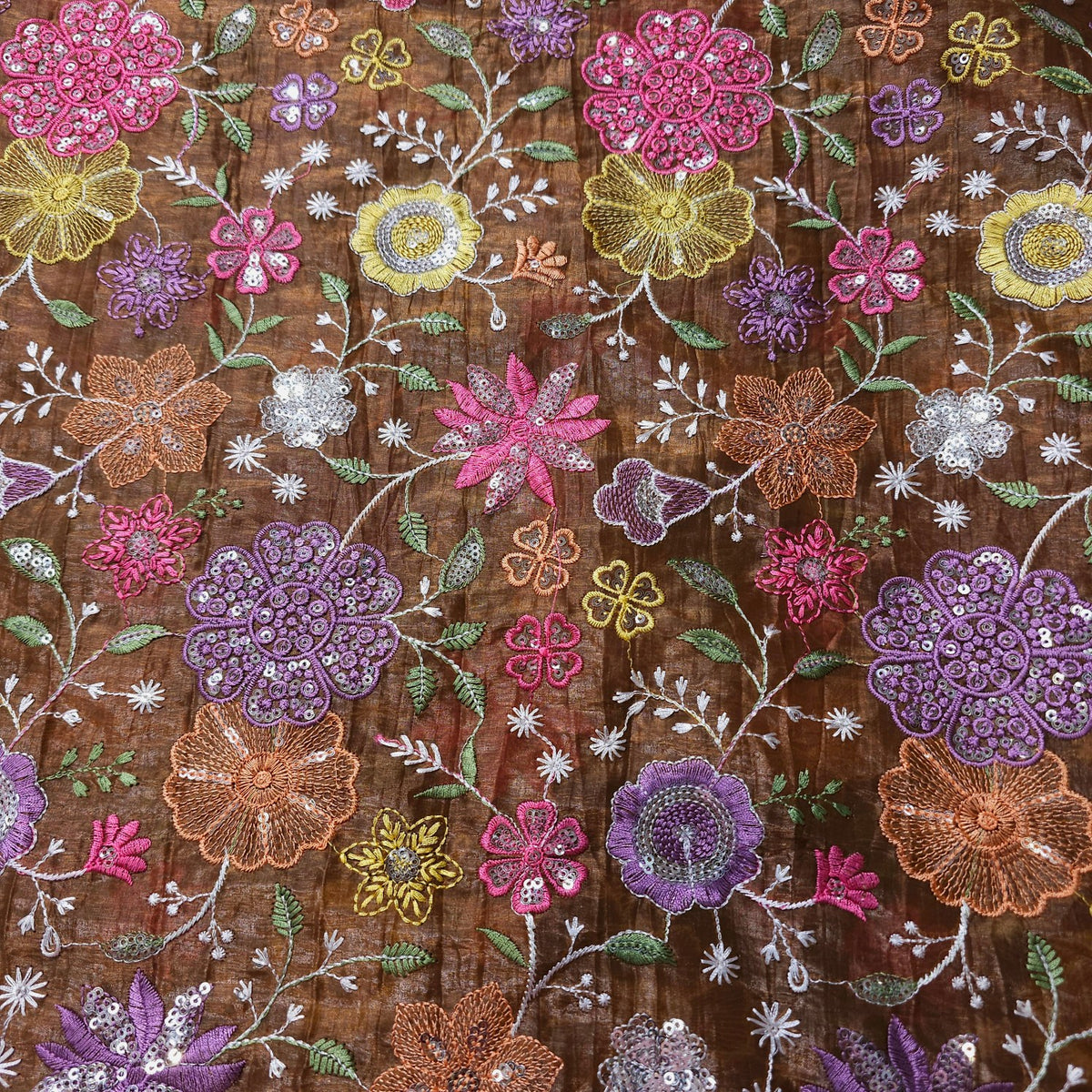 Multi-color Floral Resham work on Brown Soft Organza with Sequin Highlights