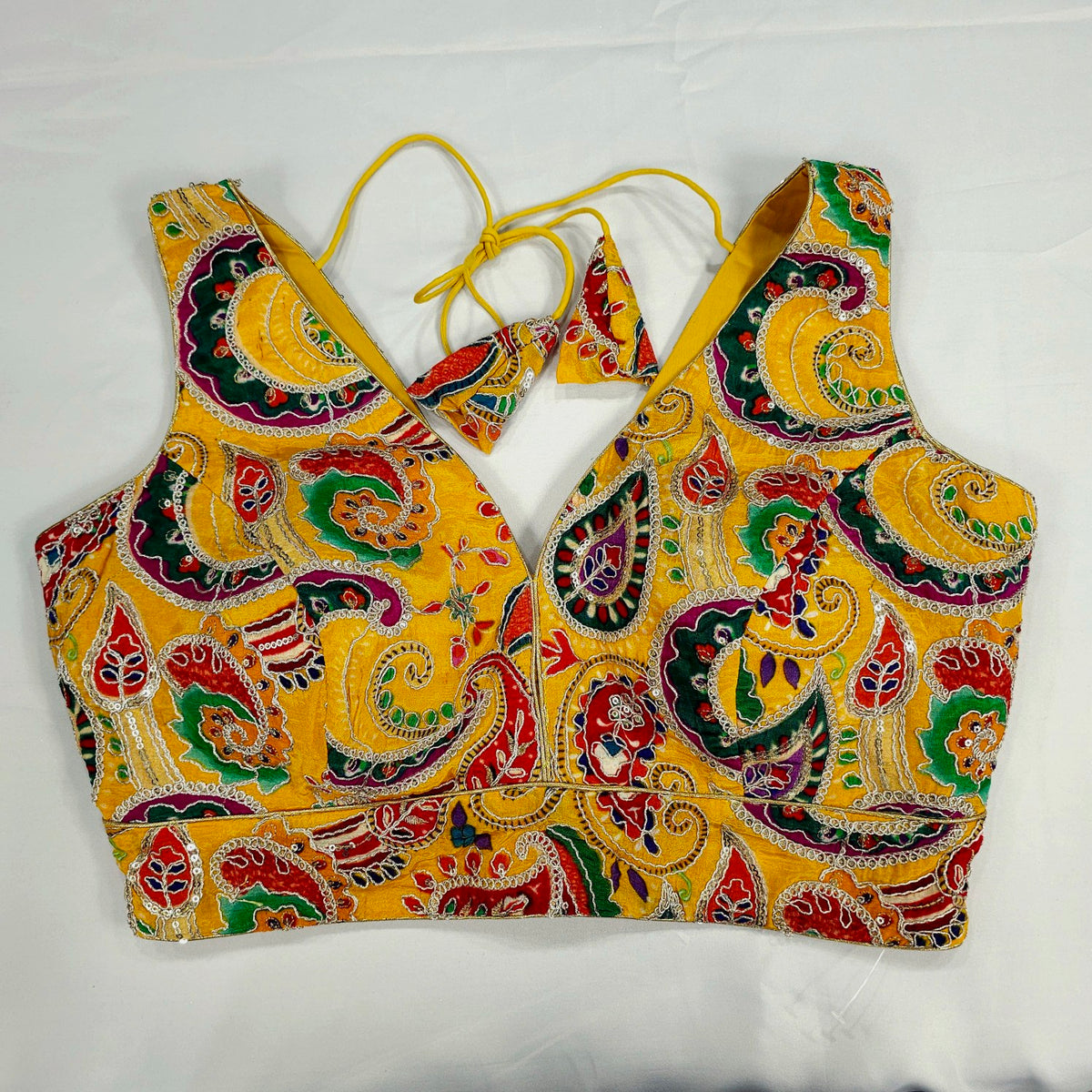 Embroidered Yellow Blouse with Attached Sleeves and V Neckline