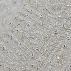 Embroidered White Dyeable Georgette Fabric with Floral work, Sequin Highlights & Paisley Border