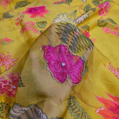 Multi-color Floral Digital Print on Pale Yellow Organza Fabric with Handwork