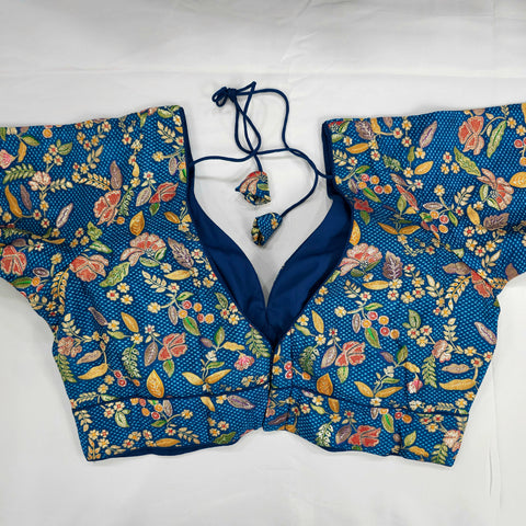 Embroidered Blue Silk Brocade Blouse with Curvy V Neckline