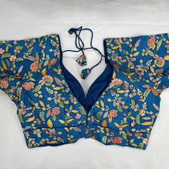 Embroidered Blue Silk Brocade Blouse with Curvy V Neckline