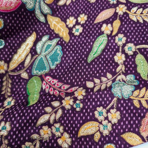 Embroidered Wine Silk Brocade Blouse with Curvy V Neckline