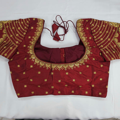 Embroidered Maroon Raw Silk Blouse with Round Neckline