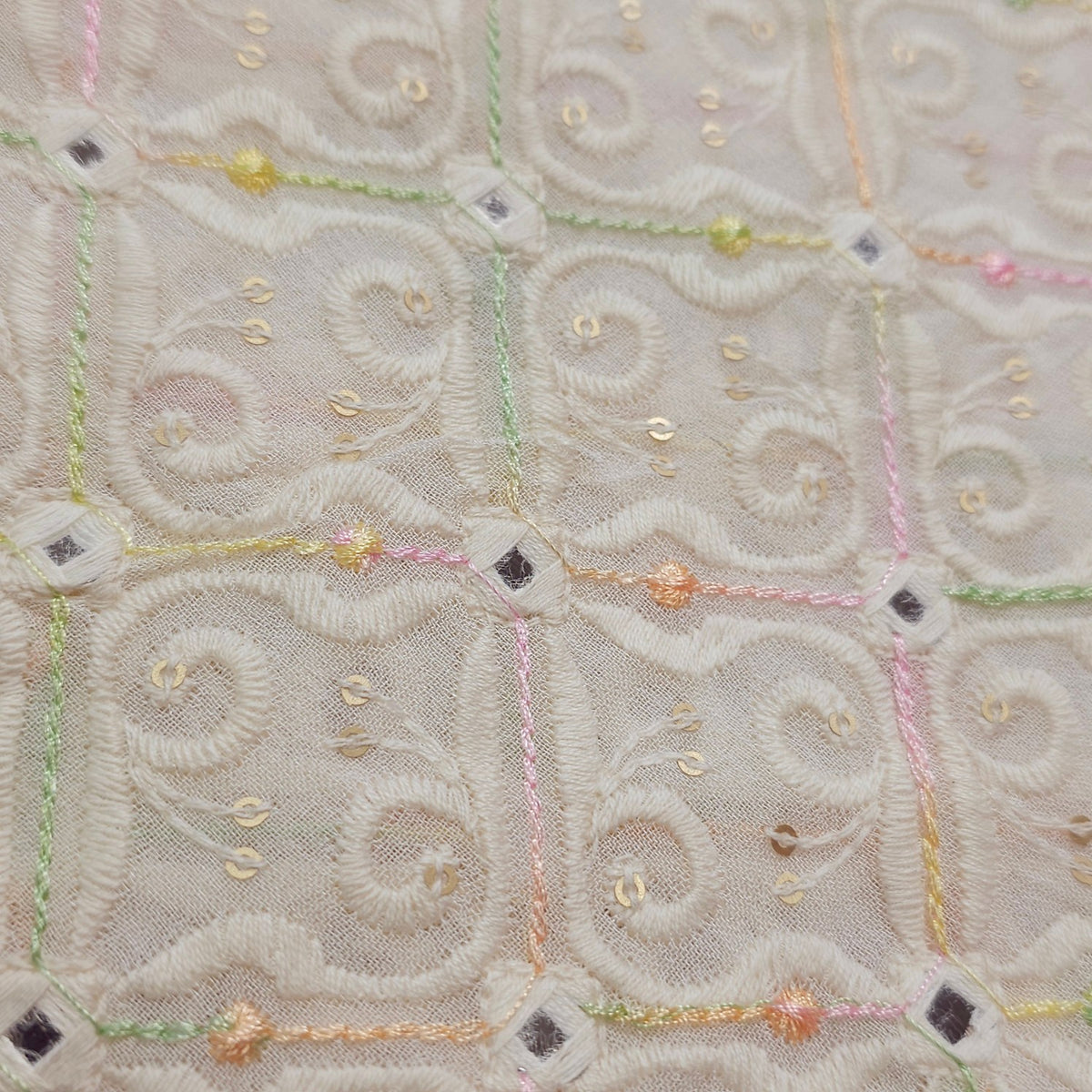 Pastel Color Embroidered Off-White Dyeable Georgette Fabric in Geometric & Floral Pattern with Mirror Highlights