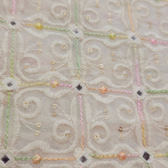 Pastel Color Embroidered Off-White Dyeable Georgette Fabric in Geometric & Floral Pattern with Mirror Highlights