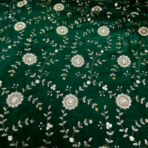 Mirha Hand Embroidered Dark Green Organza Shimmer Tissue with Floral Sequin Embroidery
