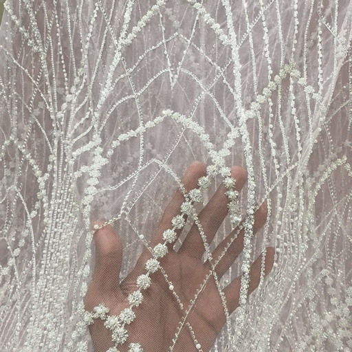 Dusk Lilac Embroidered Net Fabric with Heavy Sequins, Beads & Pearl Work
