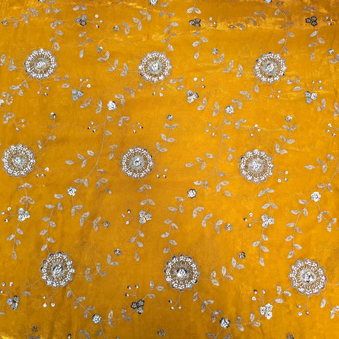 Mirha Hand Embroidered Gold Yellow Organza Shimmer Tissue with Floral Sequin Embroidery