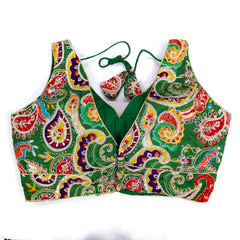 Embroidered Green Blouse with Attached Sleeves and V Neckline