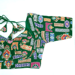 Embroidered Dark Green Blouse - Sweetheart Neckline with tie -up dori