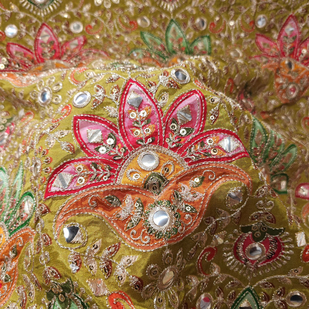 Mehendi Green Color Crepe Fabric with Multicolor Embroidery & Mirror Highlights