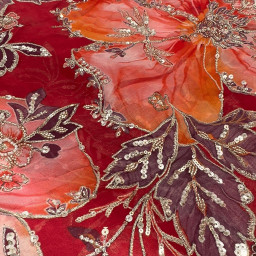 Red, Orange Organza Mahima Mahajan inspired with cutdana & sequin work with Floral Position Print