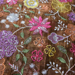 Multi-color Floral Resham work on Brown Soft Organza with Sequin Highlights