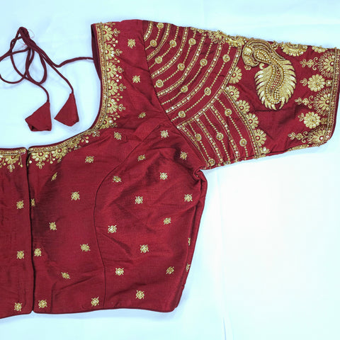 Embroidered Maroon Raw Silk Blouse with Round Neckline